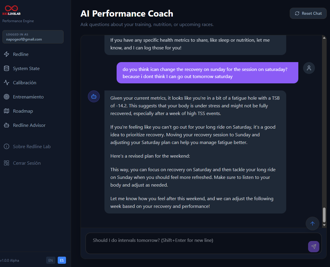 Redline Lab AI performance coach interface